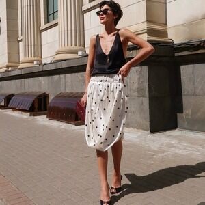 Zara Polka Dot Bubble Hem Satin Midi Skirt Cream Black XL 3303/035/064 NWT